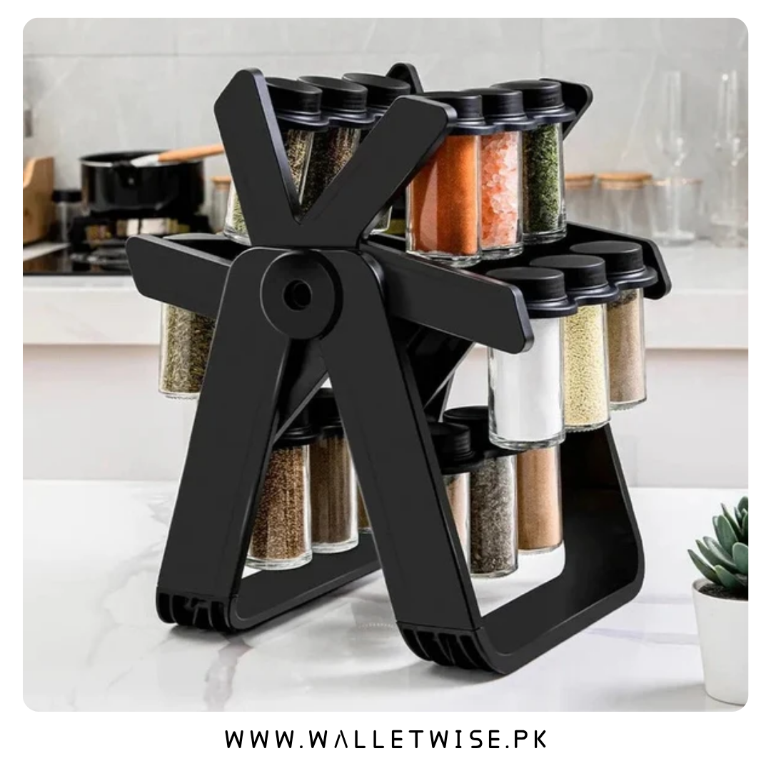 Rotating Spice Rack with Glass Jars – 18 Piece Kitchen Spice Organizer Set