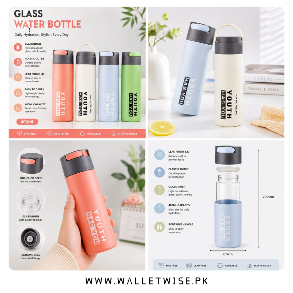 450ml Borosilicate Glass Water Bottle with Protective Sleeve – Leak-Proof Reusable Drinking Bottle