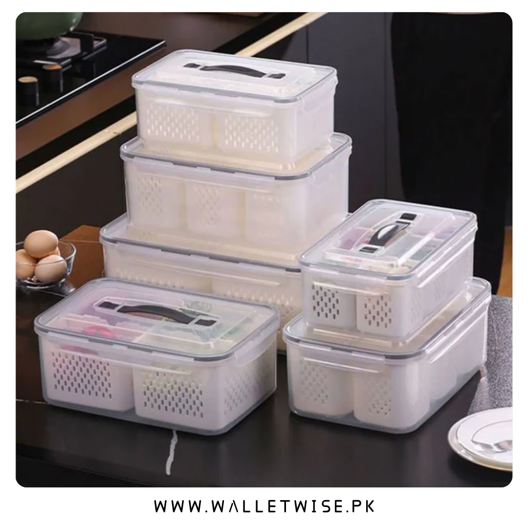 6 Compartment Fresh Keeping Storage Organizer Box with Drain Baskets & Airtight Lid