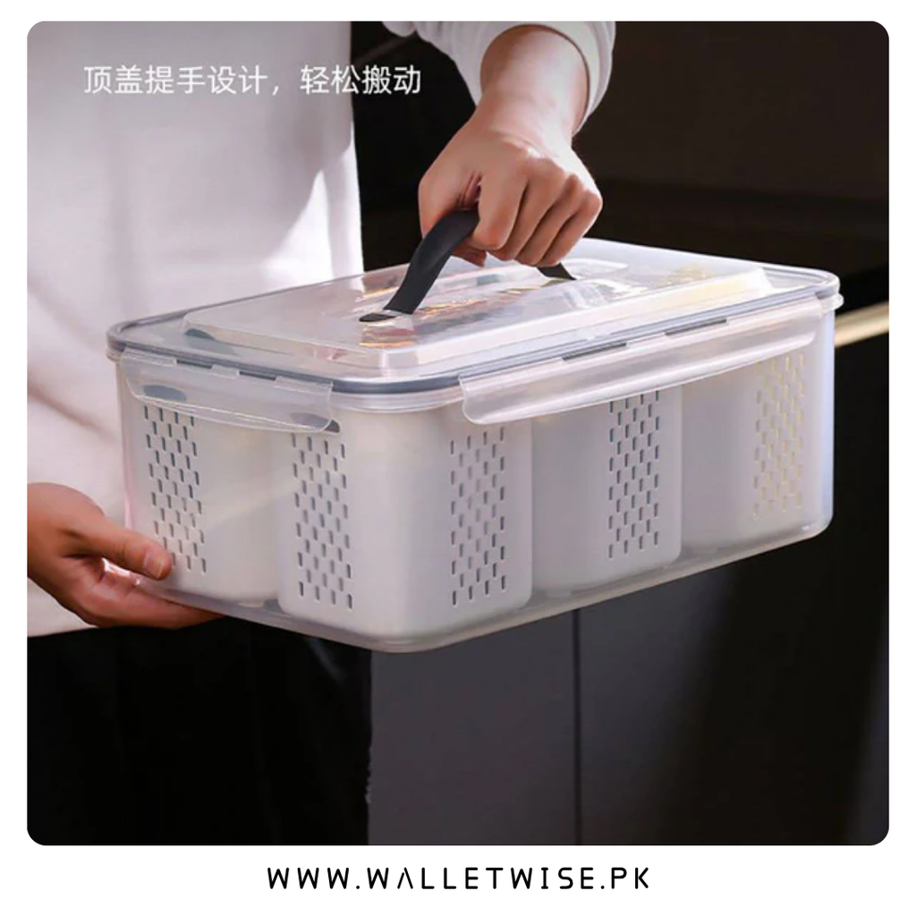 6 Compartment Fresh Keeping Storage Organizer Box with Drain Baskets & Airtight Lid