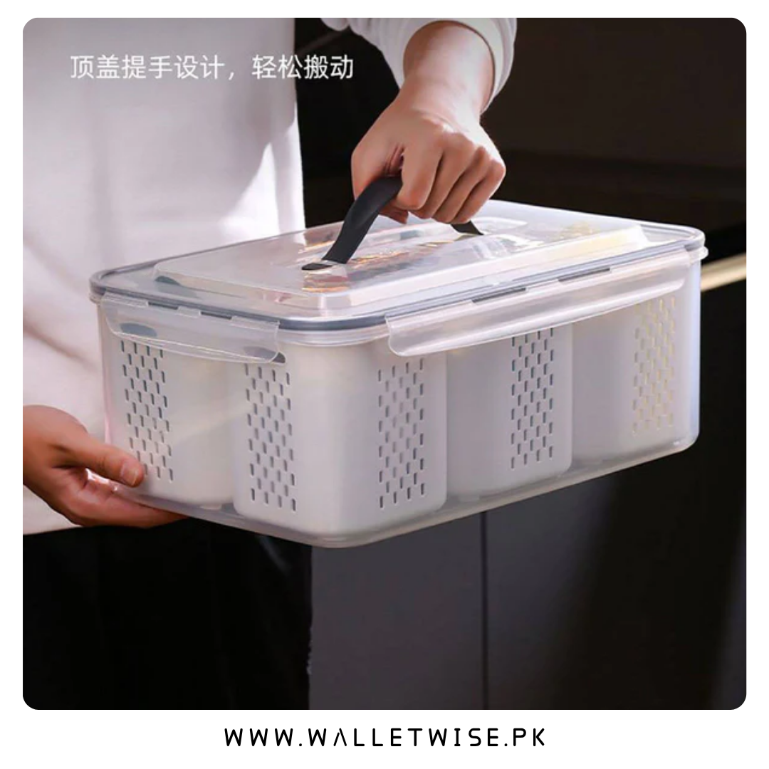 6 Compartment Fresh Keeping Storage Organizer Box with Drain Baskets & Airtight Lid