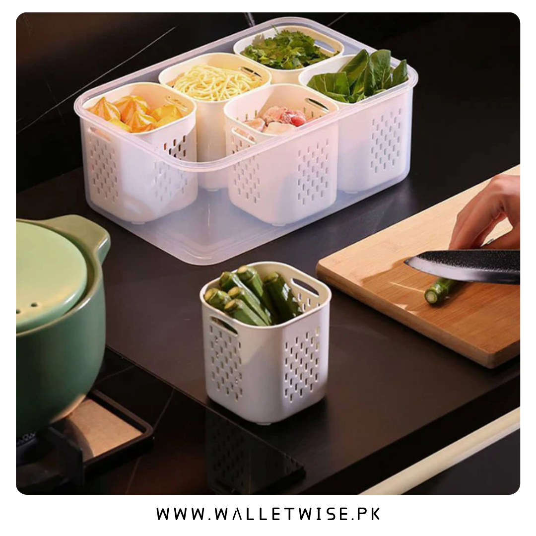 6 Compartment Fresh Keeping Storage Organizer Box with Drain Baskets & Airtight Lid