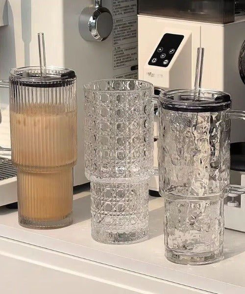 750ML glass tumbler with handle lid and reusable straw for coffee juice water and iced drinks