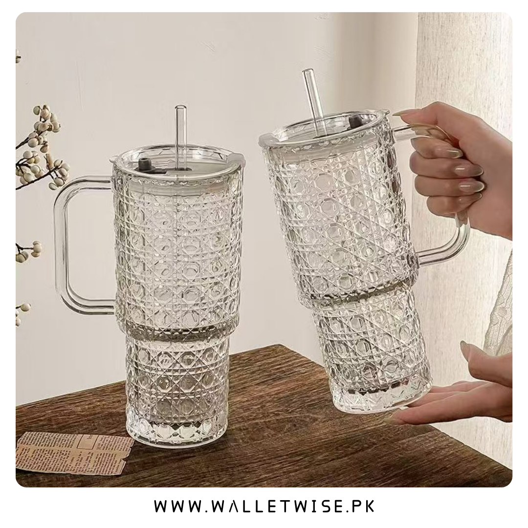 750ML glass tumbler with handle lid and reusable straw for coffee juice water and iced drinks