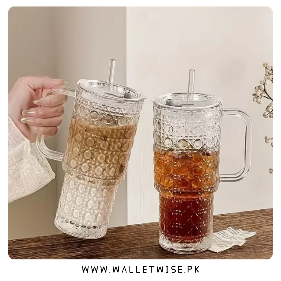 750ML glass tumbler with handle lid and reusable straw for coffee juice water and iced drinks