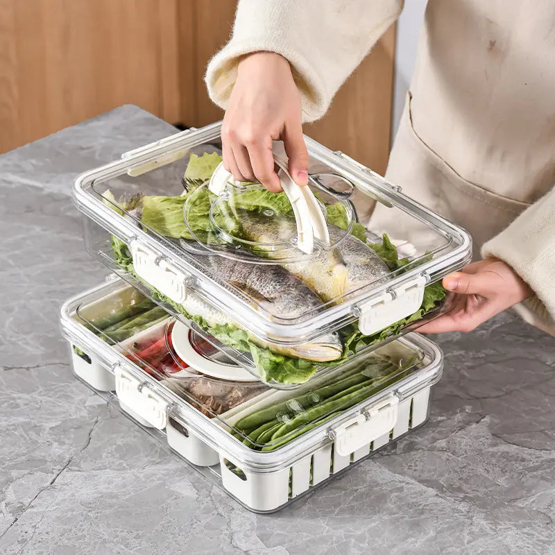 Acrylic 4 Grid Sealed Fridge Storage Box With Strainer - My Store