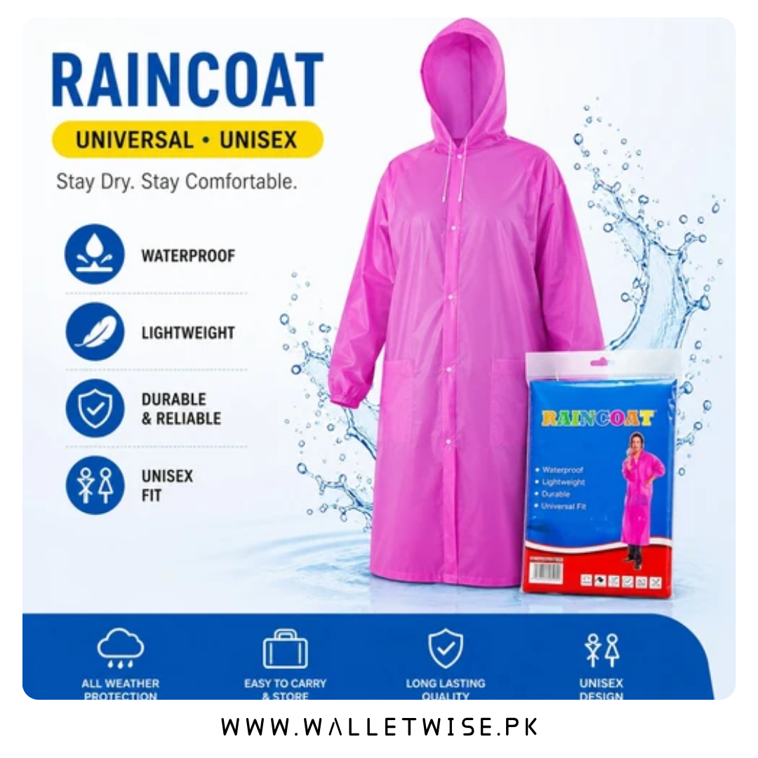 Unisex Lightweight Reusable Waterproof Pocket Raincoat with Hood & Drawstring