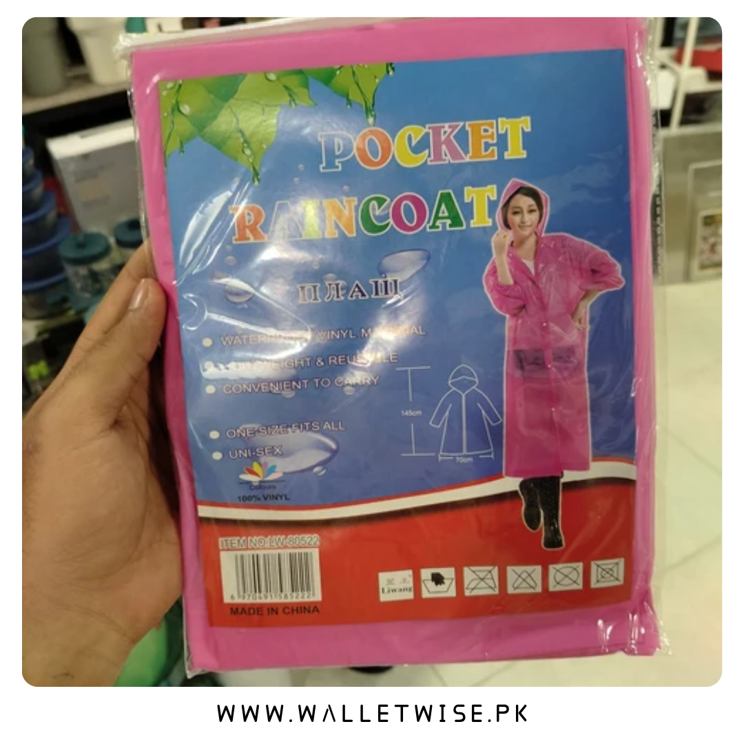 Unisex Lightweight Reusable Waterproof Pocket Raincoat with Hood & Drawstring