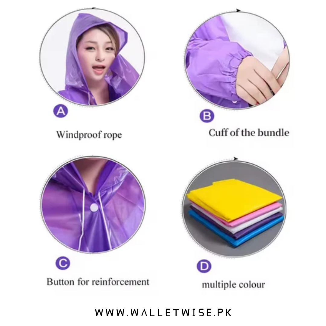 Unisex Lightweight Reusable Waterproof Pocket Raincoat with Hood & Drawstring