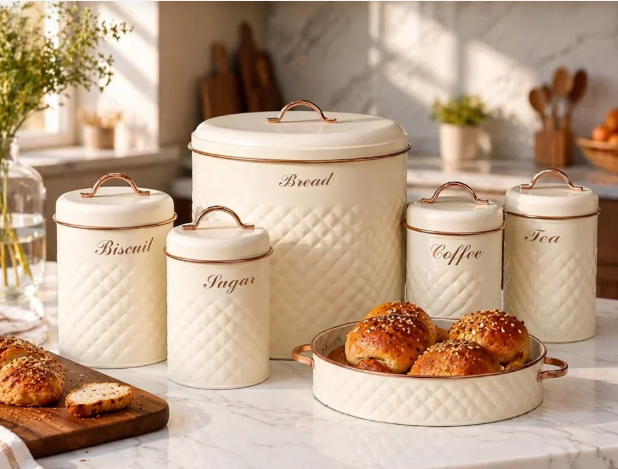 Vintage Cream Bread Bin & Canister Set Rose Gold Handles | Tea Coffee Sugar Biscuit Storage