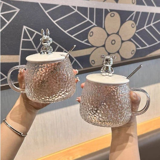 Glass Cartoon Cute Bear Cup with Cover and Spoon