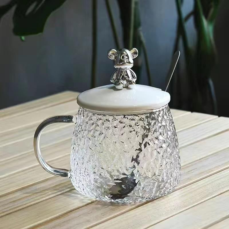 Glass Cartoon Cute Bear Cup with Cover and Spoon