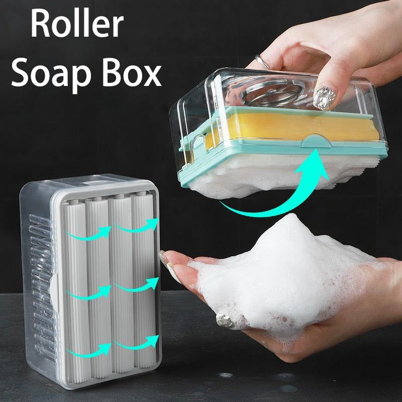 Soap Shower Box With Sponge Rollers, Foam Soap Dispenser with Roller and Drain, 2 in 1 Soap Cleaning Storage Foaming Box