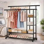 Multifunctional Double-Rod Rolling Garment Rack with Side Shelves