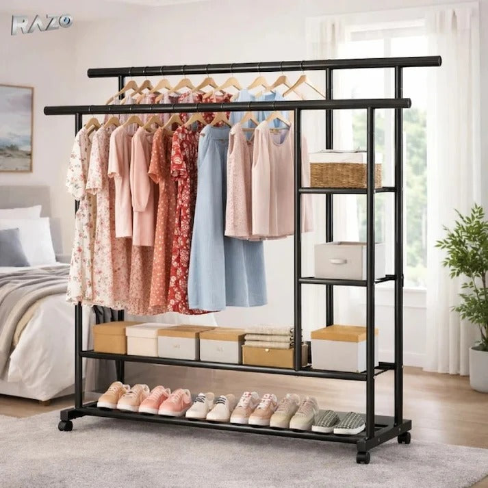 Multifunctional Double-Rod Rolling Garment Rack with Side Shelves