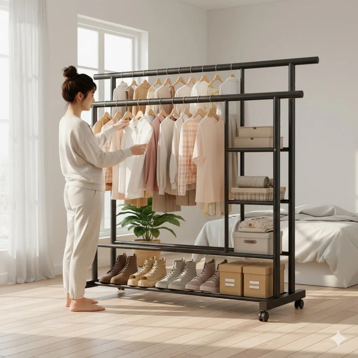 Multifunctional Double-Rod Rolling Garment Rack with Side Shelves