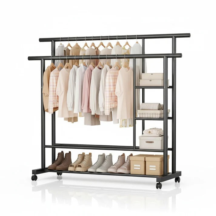 Multifunctional Double-Rod Rolling Garment Rack with Side Shelves