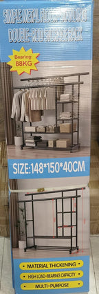 Multifunctional Double-Rod Rolling Garment Rack with Side Shelves