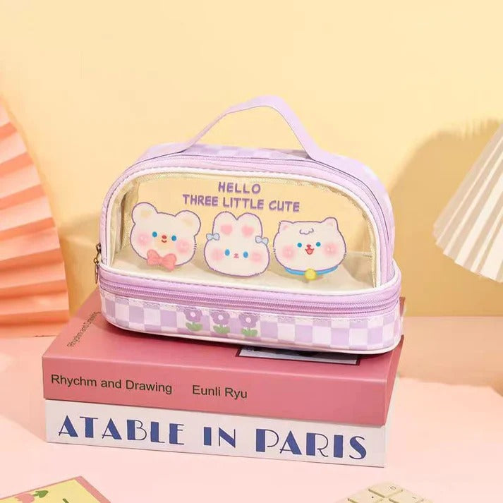 Three Little Cute Double-Layer Pencil Case – Pastel Purple