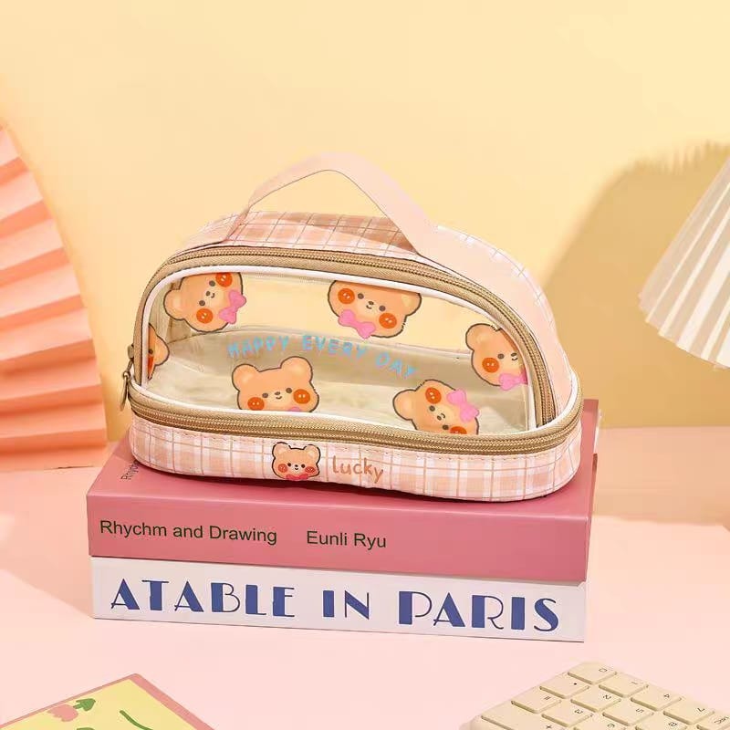 Three Little Cute Double-Layer Pencil Case – Pastel Purple