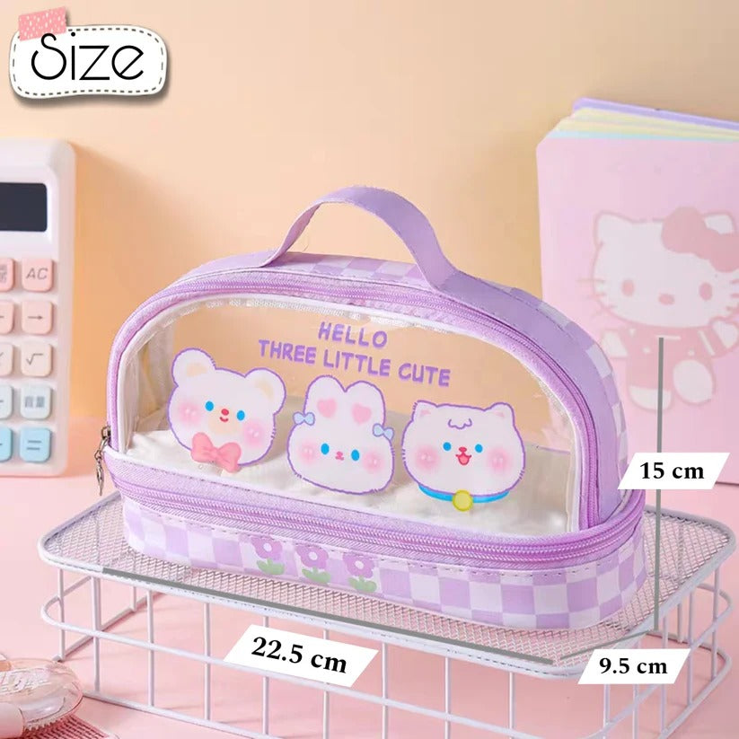 Three Little Cute Double-Layer Pencil Case – Pastel Purple