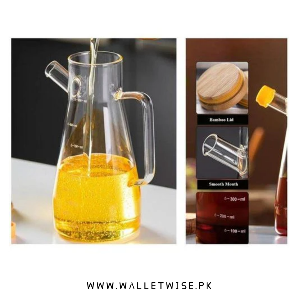 Premium Borosilicate Glass Oil Dispenser Bottle with Bamboo Lid – 900ML