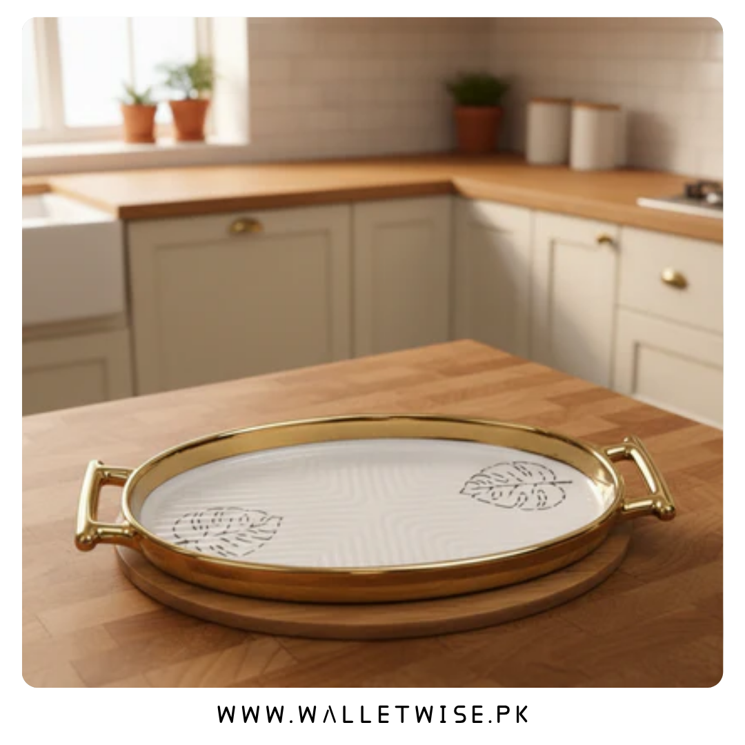 Ceramic Monstera Leaf Serving Platter with Wooden Base & Metal Handles