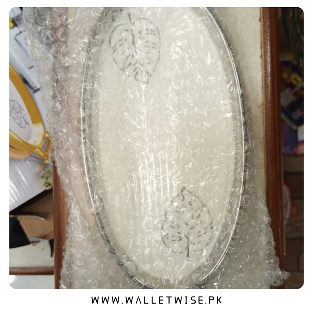 Ceramic Monstera Leaf Serving Platter with Wooden Base & Metal Handles