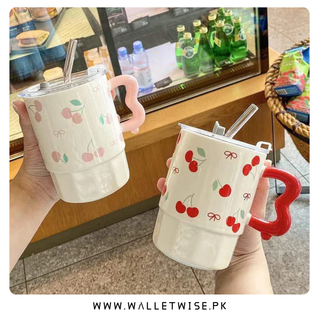 Cherry & Ribbon Ceramic Mug with Lid & Glass Straw (500–550ml)