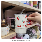 Cherry & Ribbon Ceramic Mug with Lid & Glass Straw (500–550ml)