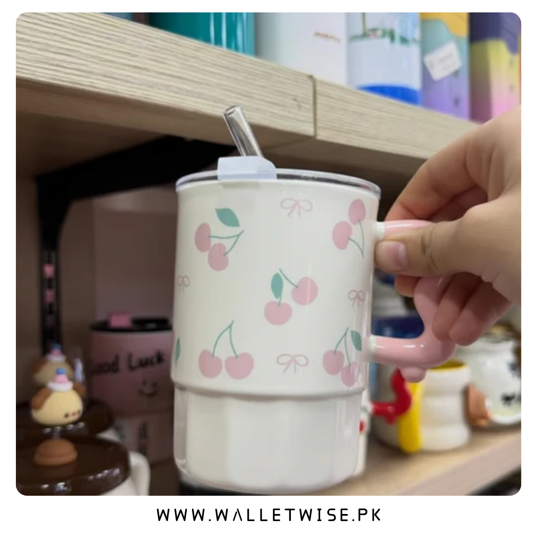 Cherry & Ribbon Ceramic Mug with Lid & Glass Straw (500–550ml)
