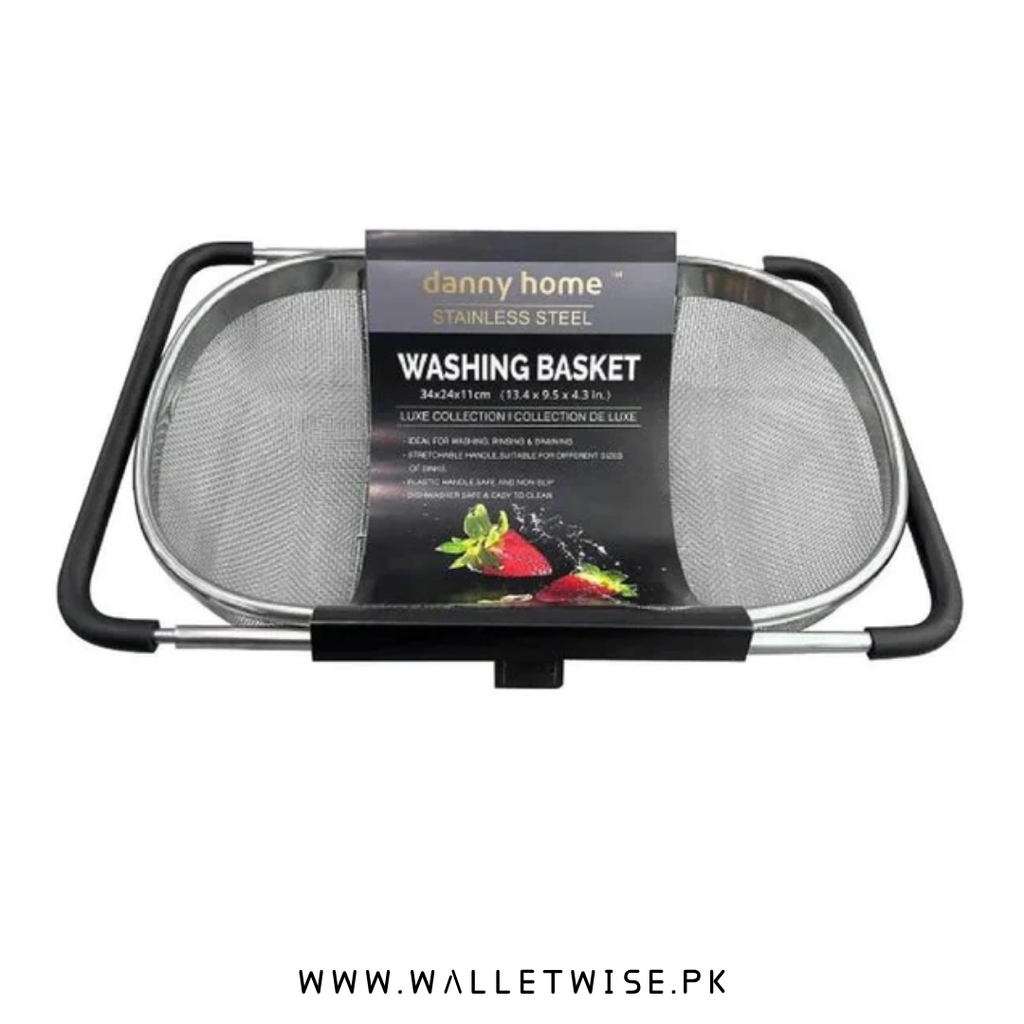 Stainless steel washing basket with 'Danny Home' label on a white background