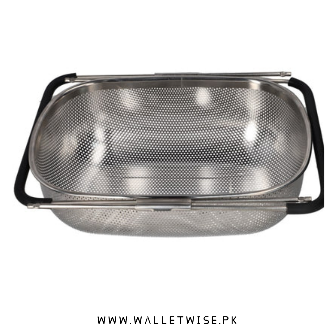 Metallic colander with black handles on a white background, branded 'www.walletwise.pk'.
