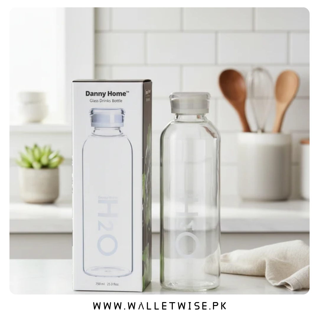 Danny Home H2O Premium Borosilicate Glass Water Bottle with Leak-Proof Lid (750ml)