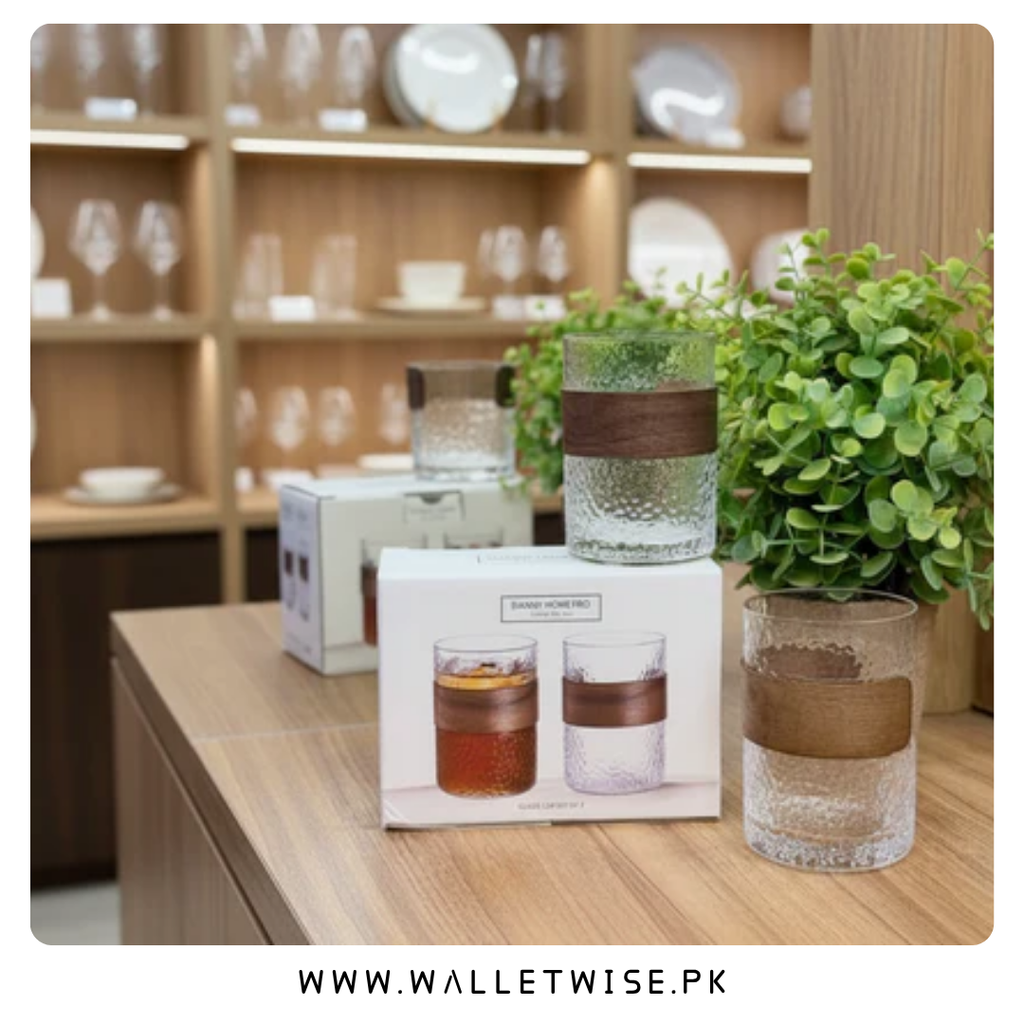 Danny Home Pro Textured Glass Cup Set with Wooden Sleeve – 310ML (Set of 2)