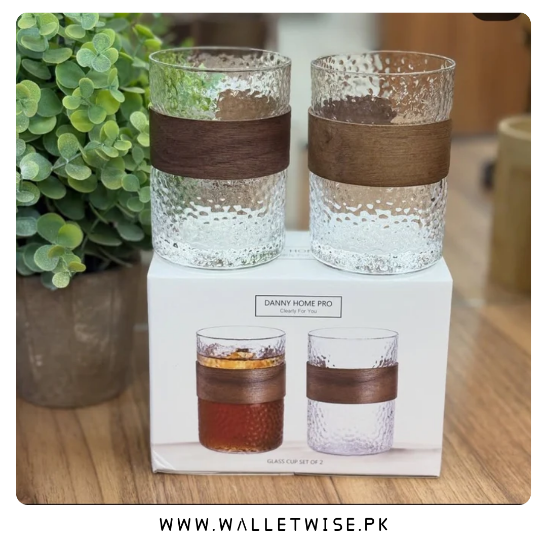 Danny Home Pro Textured Glass Cup Set with Wooden Sleeve – 310ML (Set of 2)