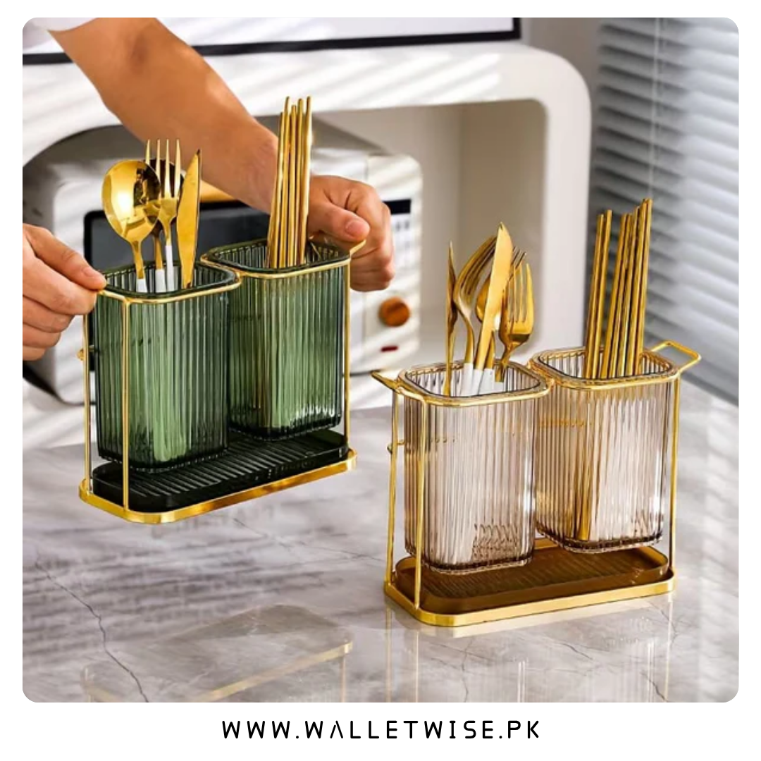 Dual Compartment Cutlery Holder & Kitchen Organizer Stand with Drain Tray