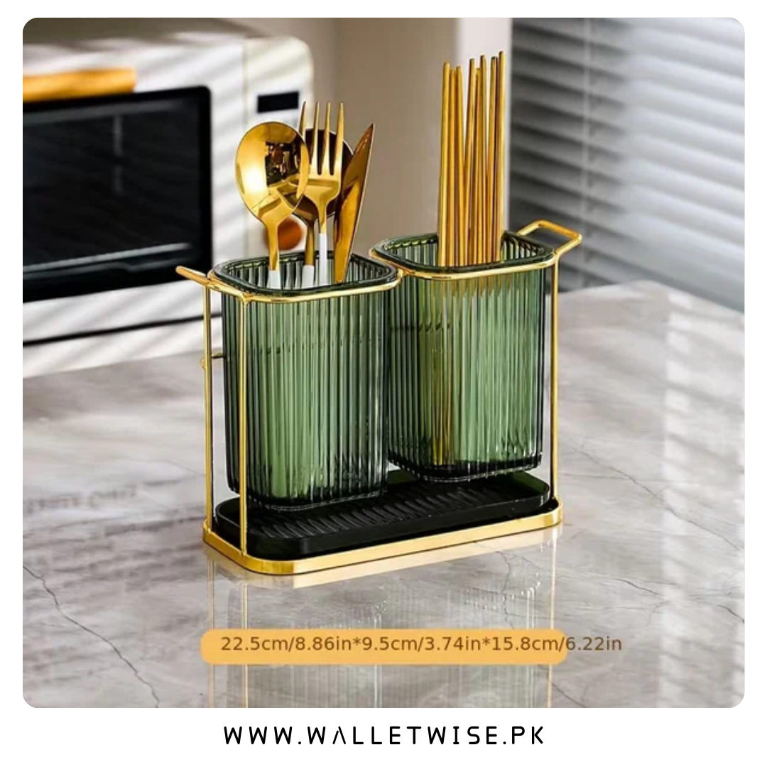 Dual Compartment Cutlery Holder & Kitchen Organizer Stand with Drain Tray