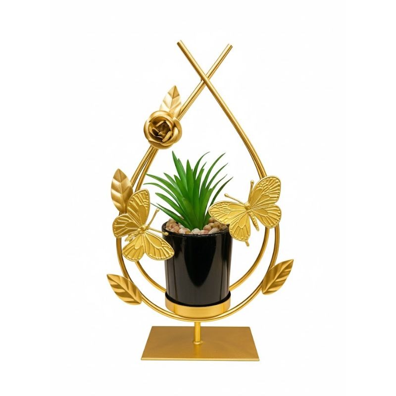 Golden Metal Butterfly & Floral Pot with Ceramic Plant