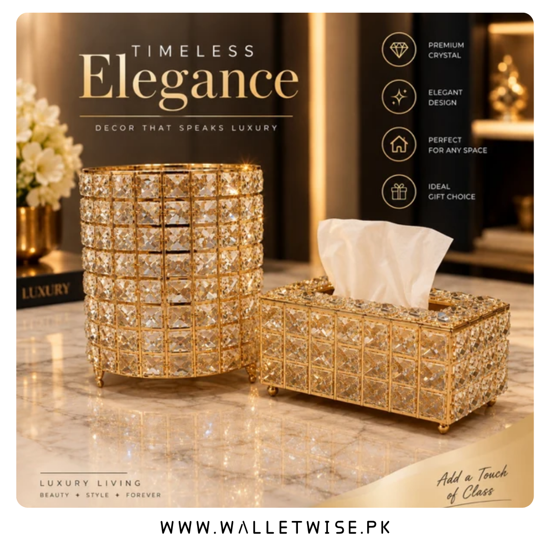 Luxury Crystal Tissue Box & Cylinder Storage Container Set – Gold Accent