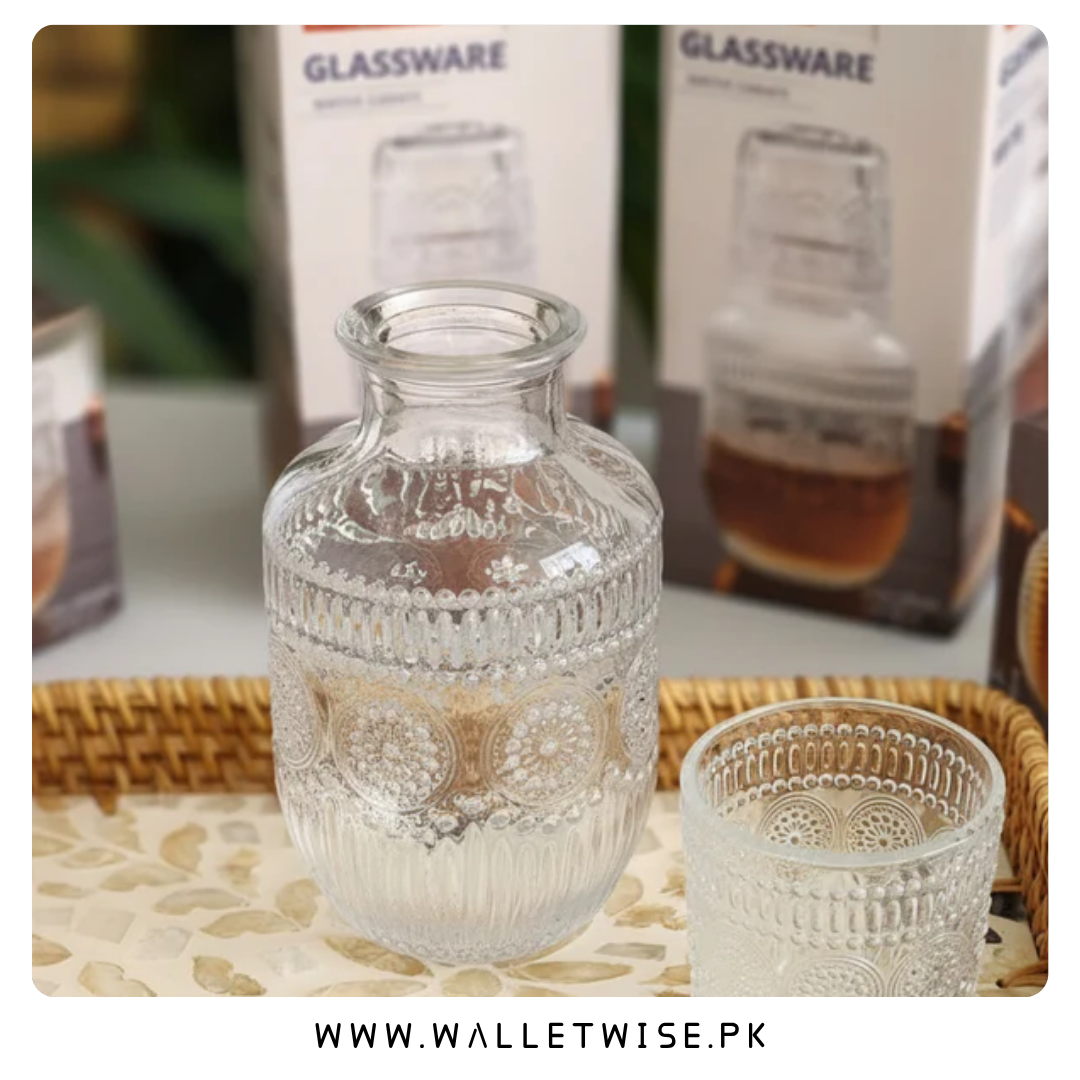 Luxury Embossed Glass Bedside Carafe Set with Tumbler Lid (600ml)