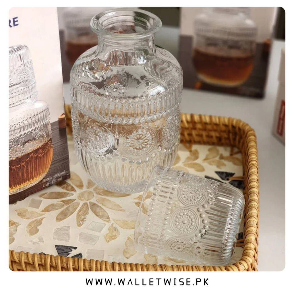 Luxury Embossed Glass Bedside Carafe Set with Tumbler Lid (600ml)