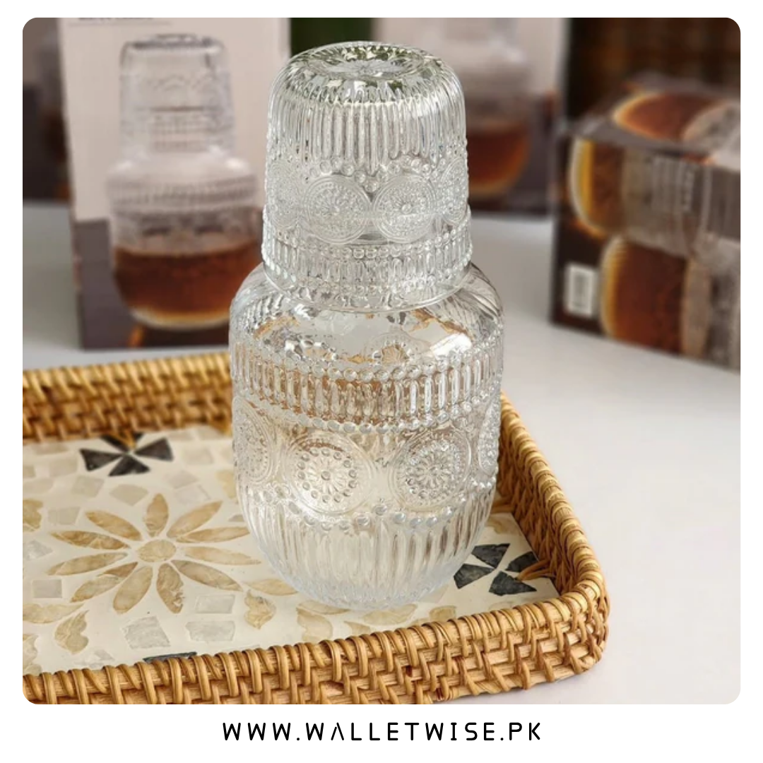 Luxury Embossed Glass Bedside Carafe Set with Tumbler Lid (600ml)