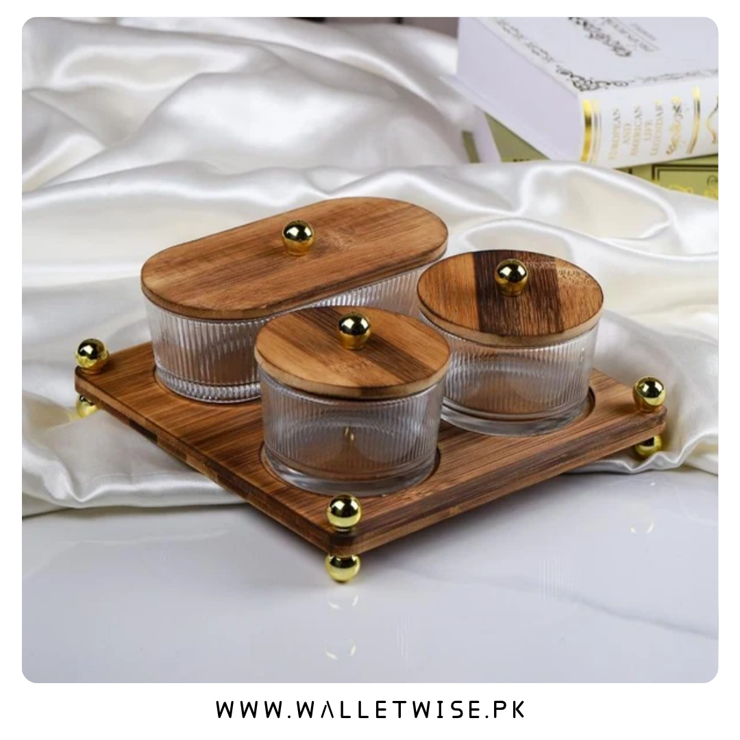 Luxury Fluted Glass Spice & Condiment Jar Set with Wooden Tray (4-Piece & 6-Piece)