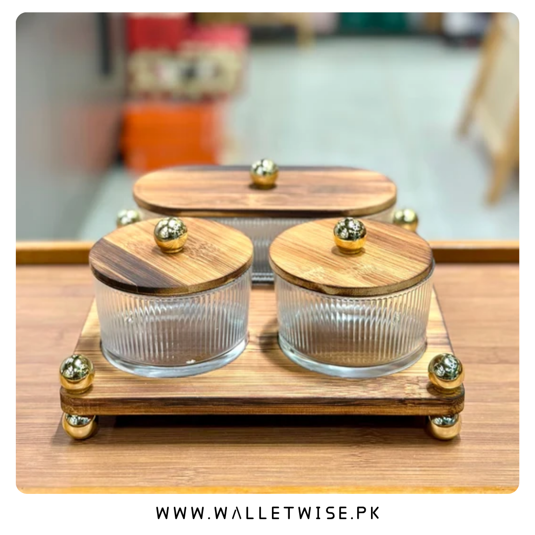 Luxury Fluted Glass Spice & Condiment Jar Set with Wooden Tray (4-Piece & 6-Piece)