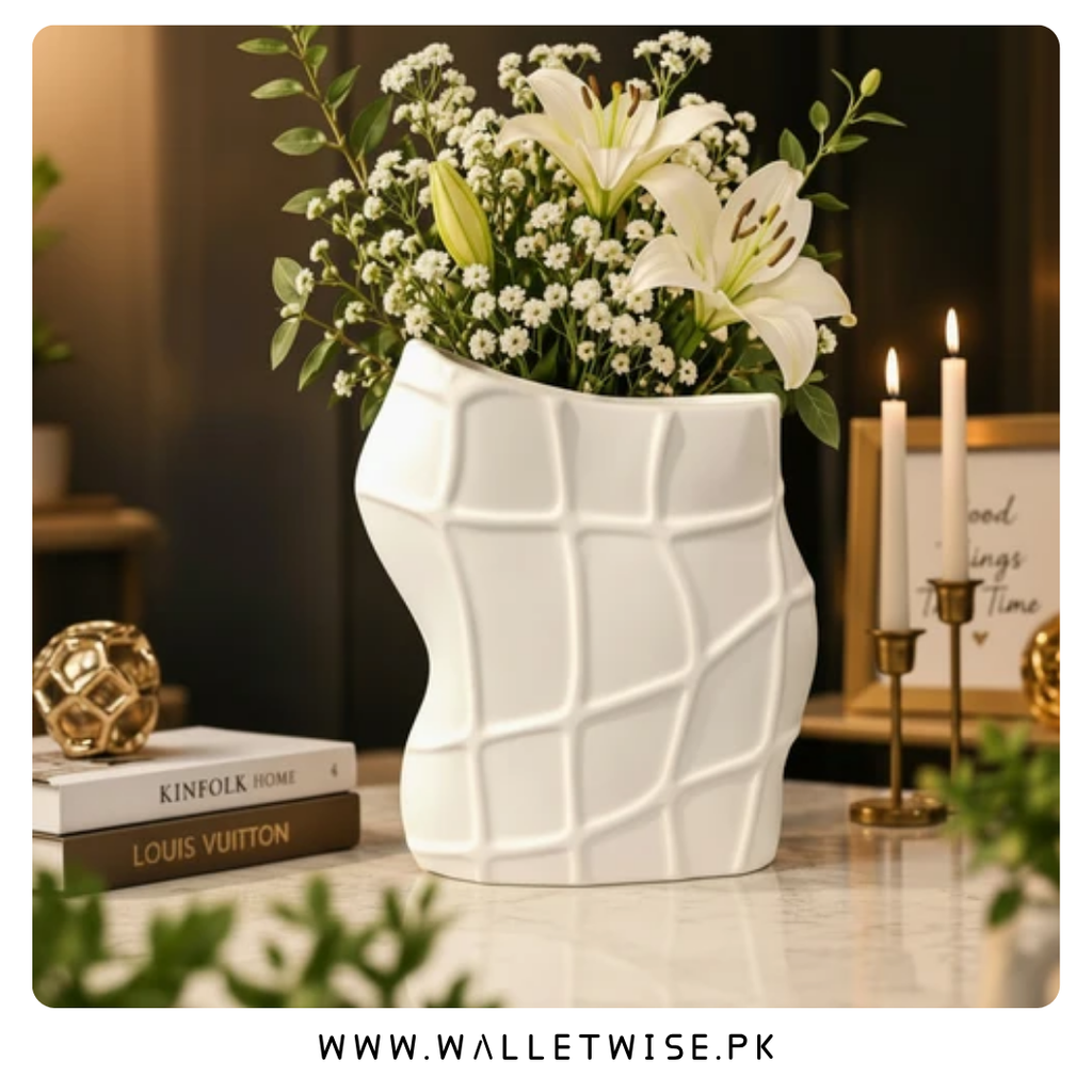 Modern Ribbed Ceramic Decorative Vase – Donut, Wave Grid & Oval Shapes