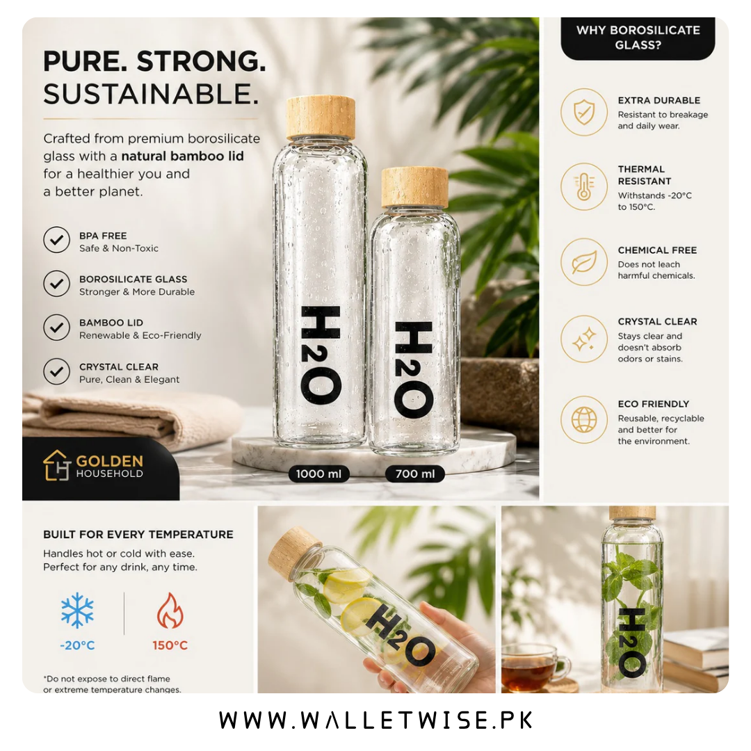 Premium Borosilicate Glass Water Bottle with Bamboo Lid – 350ML|500ML|750ML|1000ML