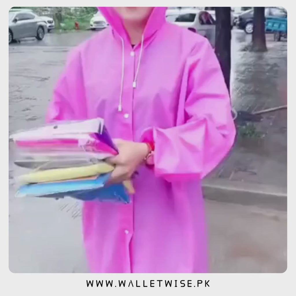 Unisex Lightweight Reusable Waterproof Pocket Raincoat with Hood & Drawstring