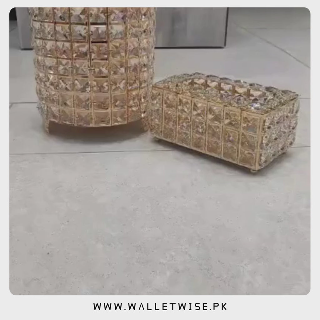 Luxury Crystal Tissue Box & Cylinder Storage Container Set – Gold Accent