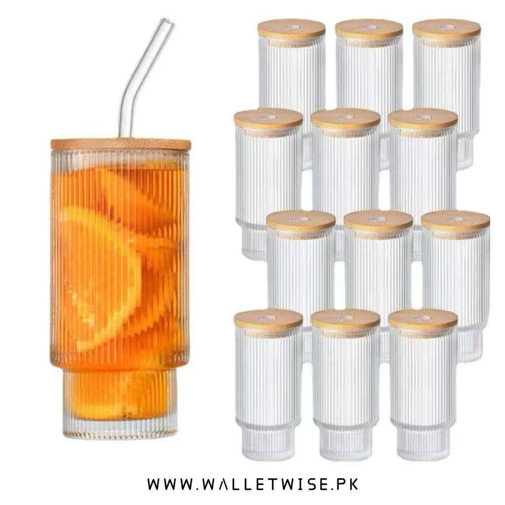 Ribbed Glass Tumbler with Bamboo Lid & Straw – 400ML Drinking Glass